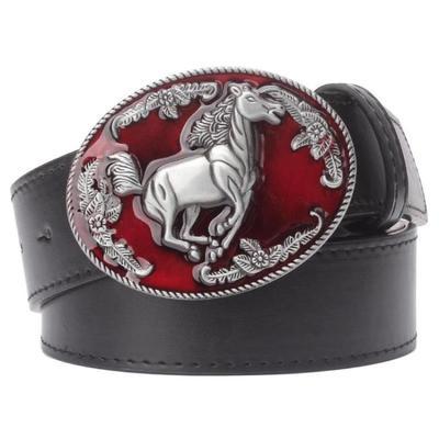 Cinturón de hombre estilo vaquero occidental con hebilla de metal de cuero de caballo, cinturón de carreras de caballos con logotipo de animal y corcel de cuero
