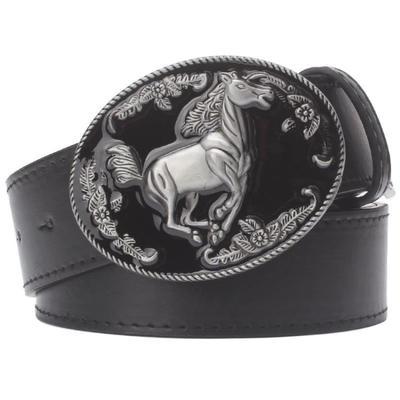 Cinturón de hombre estilo vaquero occidental con hebilla de metal de cuero de caballo, cinturón de carreras de caballos con logotipo de animal y corcel de cuero