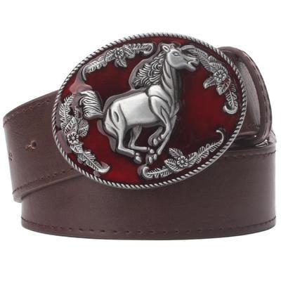 Cinturón de hombre estilo vaquero occidental con hebilla de metal de cuero de caballo, cinturón de carreras de caballos con logotipo de animal y corcel de cuero