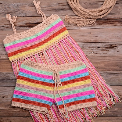 Colorful Tassel Bikini Sexy Crochet Bikini Push Up Beachwear Cover Up High Waist Swim Sets