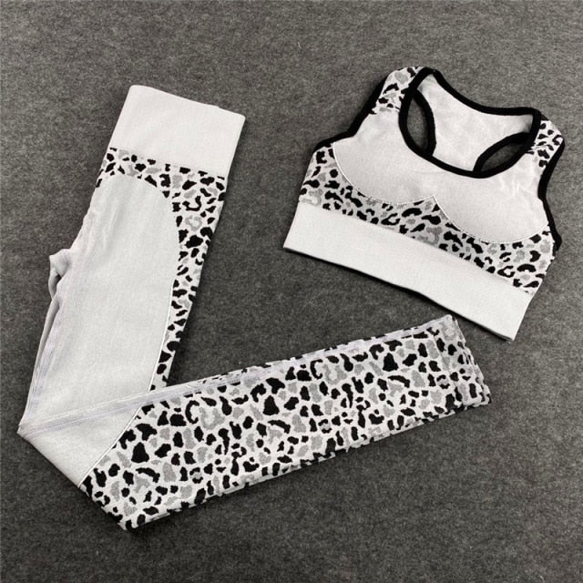 Seamless Yoga Set Fitness Clothing Leopard Print High Elastic Teal Sportswear