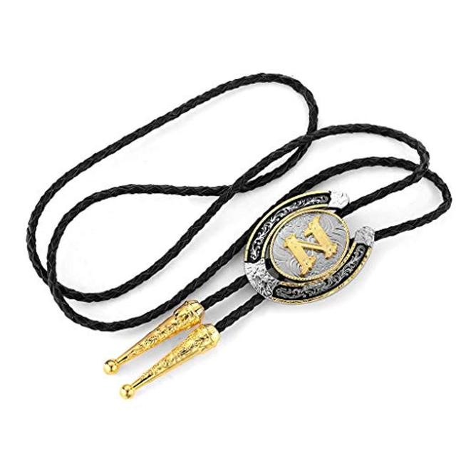 Gold Letter ABCDEFG-Z U shape bolo tie for man Indian cowboy western cowgirl leather rope zinc alloy necktie