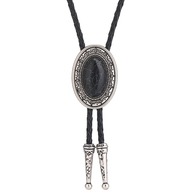 Corbata de bolo de vaquero occidental, collar de cuero, cuerda ovalada, patrón retro, aleación de zinc, accesorios para corbata, cuerda británica unisex