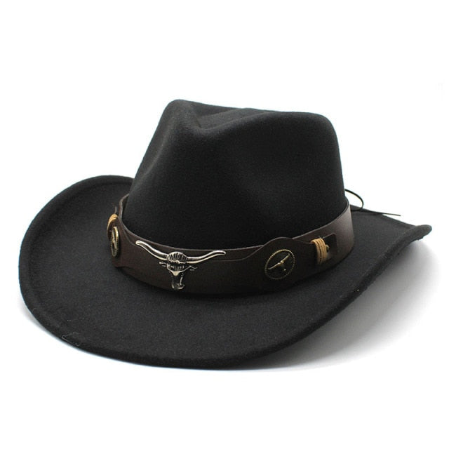 Sombrero de vaquero, accesorios con cabeza de vaca, sombrero de vaquero, sombrero de fieltro monocromático, sombrero de ala grande para hombres y mujeres, sombrero para exteriores, sombrero de caballero