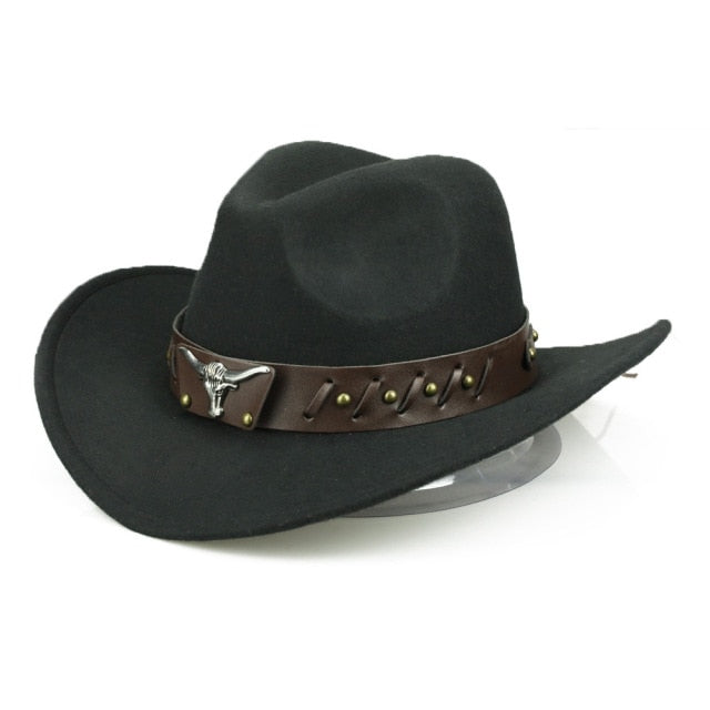 Sombrero de vaquero, accesorios con cabeza de vaca, sombrero de vaquero, sombrero de fieltro monocromático, sombrero de ala grande para hombres y mujeres, sombrero para exteriores, sombrero de caballero