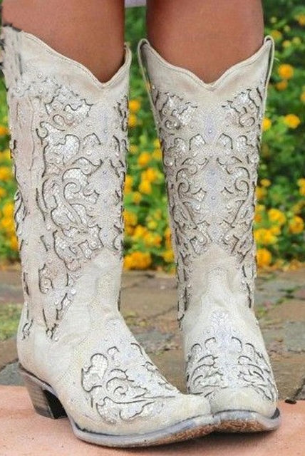 High Quality Pointed Toe Embroidery Chunky Heels Western Boots