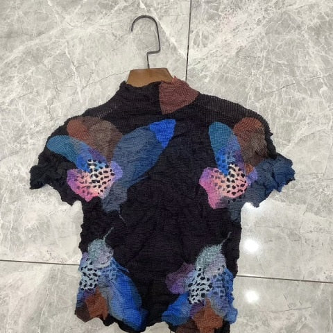 Ashore Ripple Stretch Pleated Womens T-shirt Pullover Short Sleeve