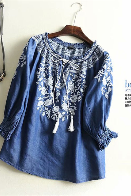 Vintage Chic Women Floral Embroidery Beach Bohemian Denim Cotton Blouse Shirt Long Sleeve V-neck Tassel Loose Boho Jeans Shirts