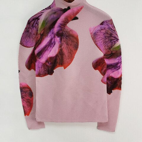 Flower Printing T-shirt For Women super stretch Pleated Long Sleeve Shirt Tops Spring summer