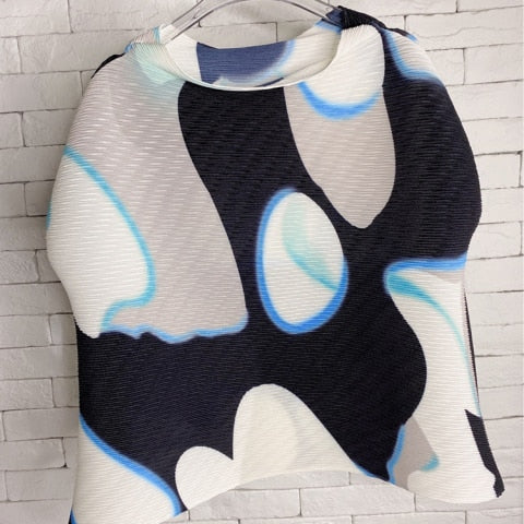 Ashore Ripple Stretch Women Pleated T Shirt Hit Color Pattern O Collar Tops