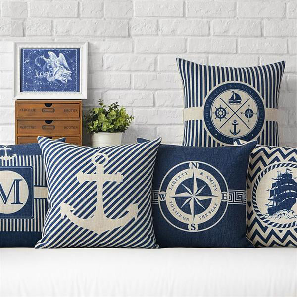 ASHORESHOP Seashore Inspired Ship Anchor Blue Stripe Compass Boat Cushion Cover Cotton Linen Pillow Case Home Sofa Decoter Cojines