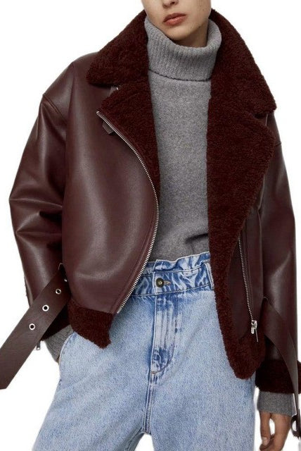 Womens Faux Shearling Motorcycle Warm Black Burgundy Jackets