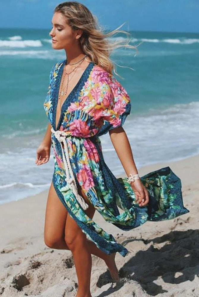 Ashoreshop Seaside Vacation kimono Dress Cover Ups sexy Side split beach Kaftan women