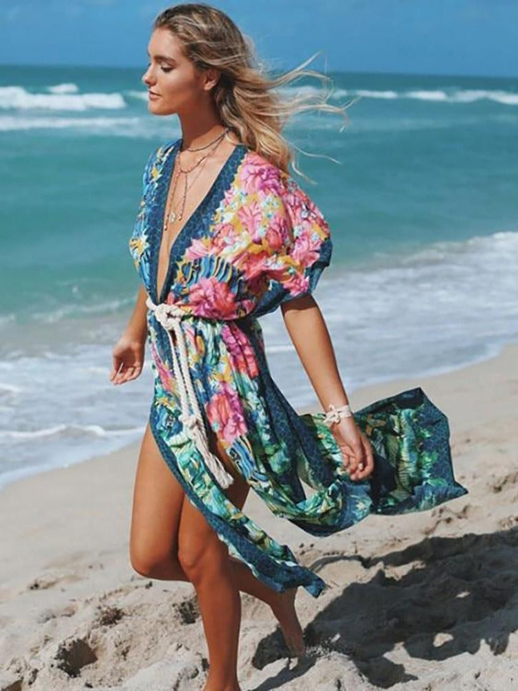 Ashoreshop Seaside Vacation kimono Dress Cover Ups sexy Side split beach Kaftan women