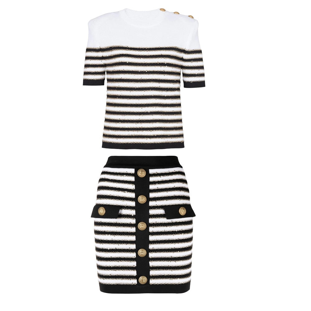 Ashore Boutique Lt Luxury Stylish O-neck Casual Short Sleeve Striped Gold Thread Knitted Sweater Skinny 2PCS Skirt Sets