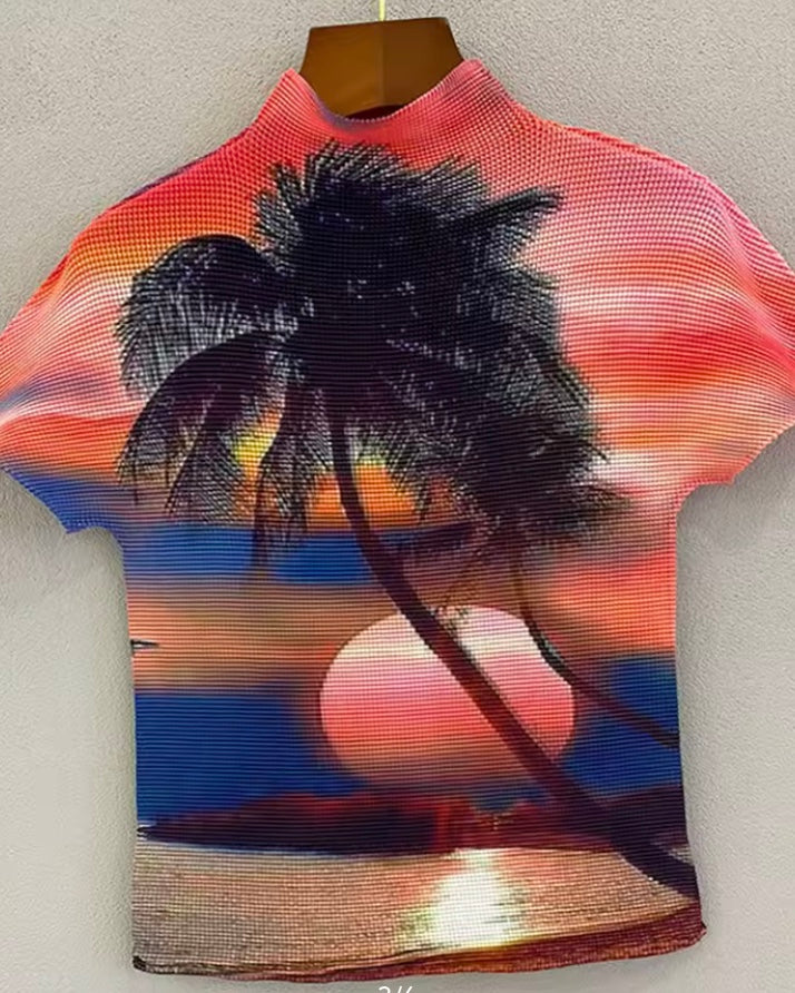 Ashore Ripple Stretch color block printting pleated t-shirt for women summer
