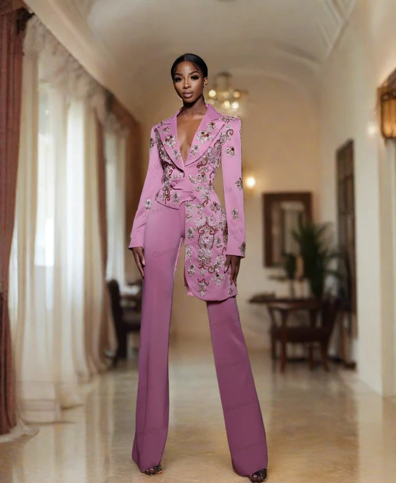 Pink Prom Suit Women Suits Office Set Blazer Pants Irregular Hem Appli ASHORE SHOP