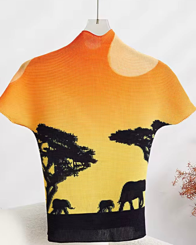 Ashore Ripple Stretch color block printting pleated t-shirt for women summer