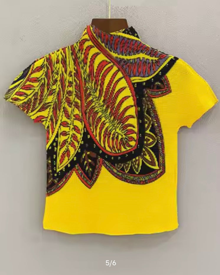 Ashore Ripple Stretch color block printting pleated t-shirt for women summer