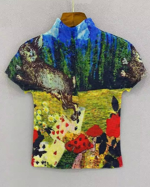 Ashore Ripple Stretch color block printting pleated t-shirt for women summer