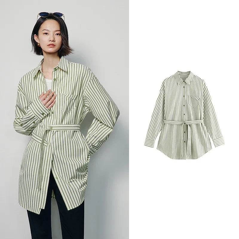 ASHORESHOP-Women-Blouse-Shirt-With-Waist-Belt-2024-Spring-Classic-Striped-LONG-SHIRTS-SUSTAIN-COTTON-0