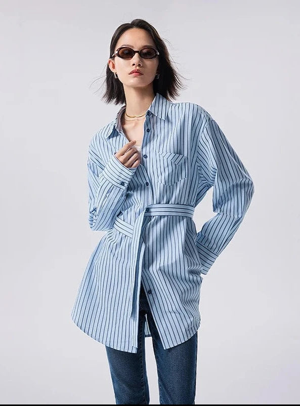 ASHORESHOP-Women-Blouse-Shirt-With-Waist-Belt-2024-Spring-Classic-Striped-LONG-SHIRTS-SUSTAIN-COTTON-2