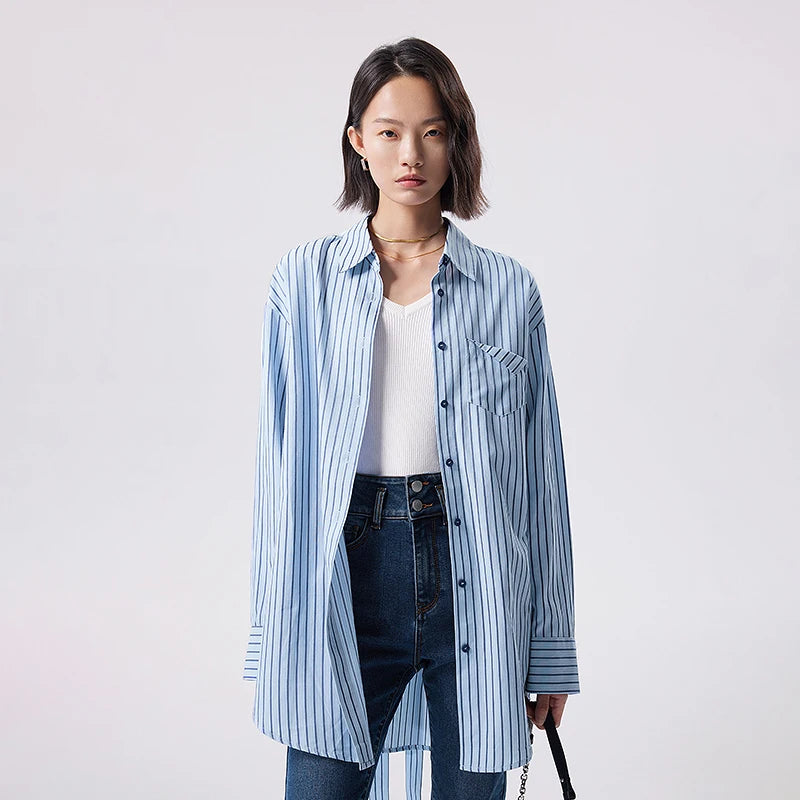 ASHORESHOP-Women-Blouse-Shirt-With-Waist-Belt-2024-Spring-Classic-Striped-LONG-SHIRTS-SUSTAIN-COTTON-5