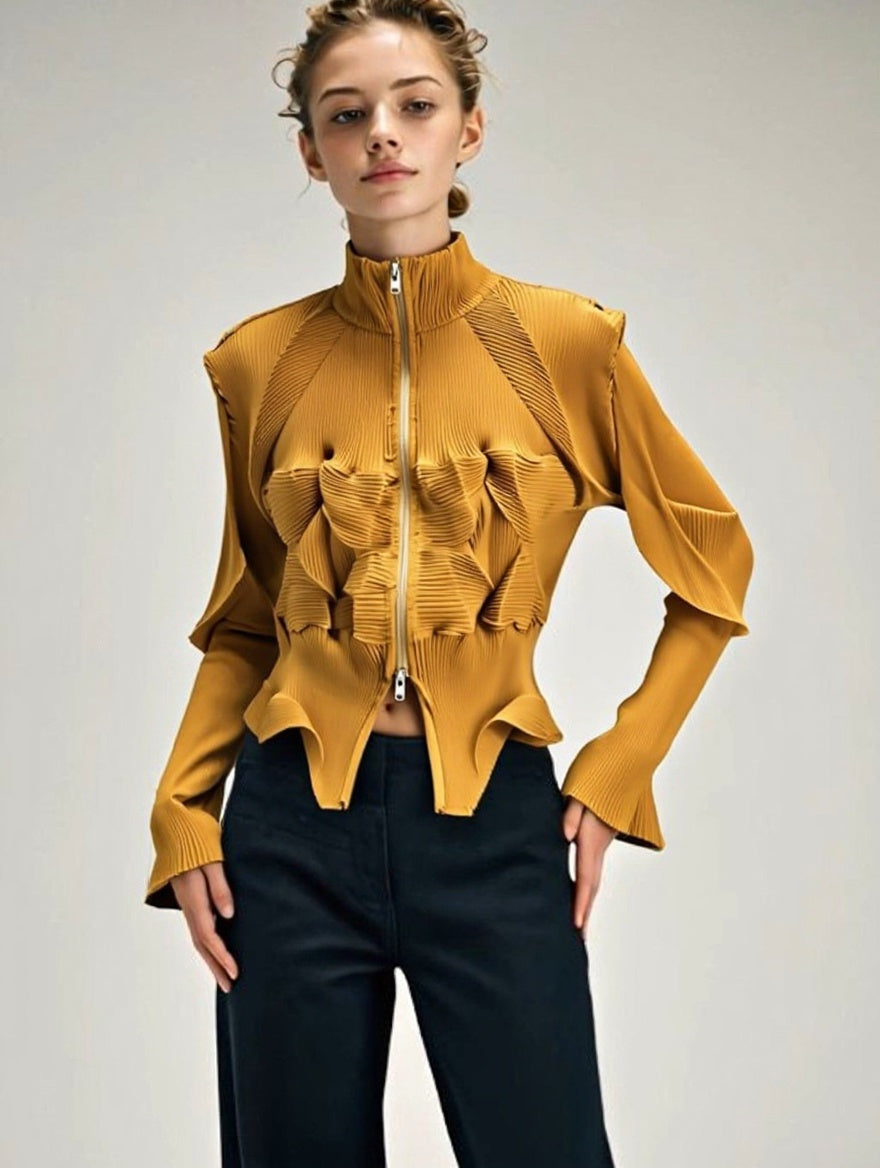 ASHORE_Ripple_Stretch_elegant_women_s_pleated_shirt_zipper_front_cardiga-orange