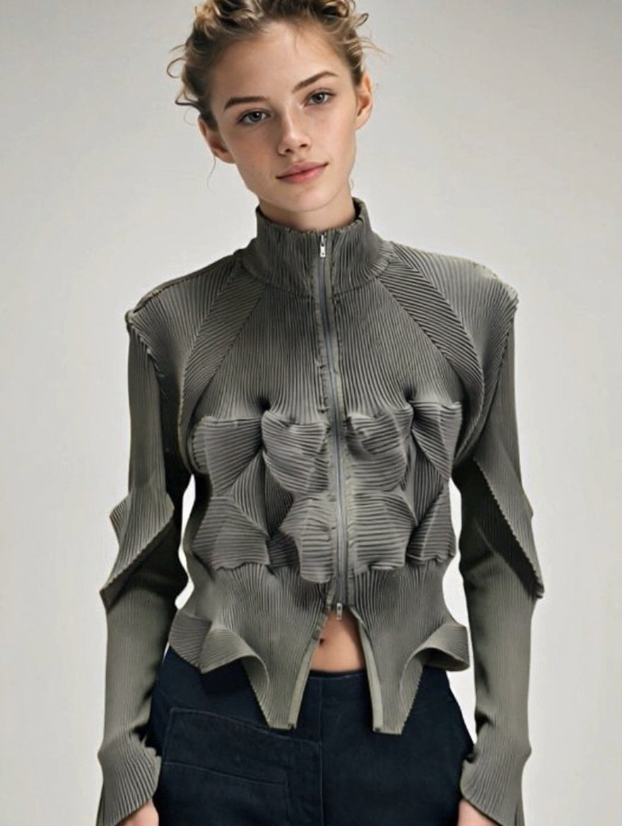 ASHORE_Ripple_Stretch_elegant_women_s_pleated_shirt_zipper_front_cardiigan-green