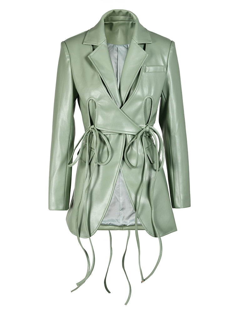 ASHORE SHOP Women's PU Leather Jackets Lapel  Lace Up Waist Long Sleeve Green Blazer-2