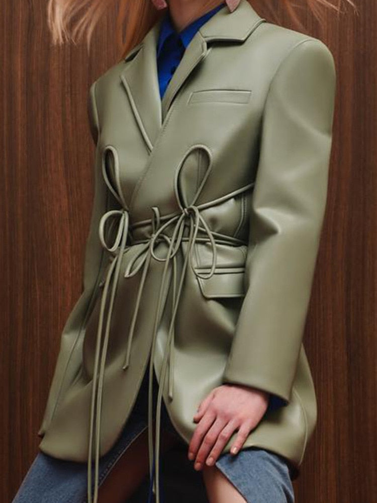 ASHORE SHOP Women's PU Leather Jackets Lapel  Lace Up Waist Long Sleeve Green Blazer-3