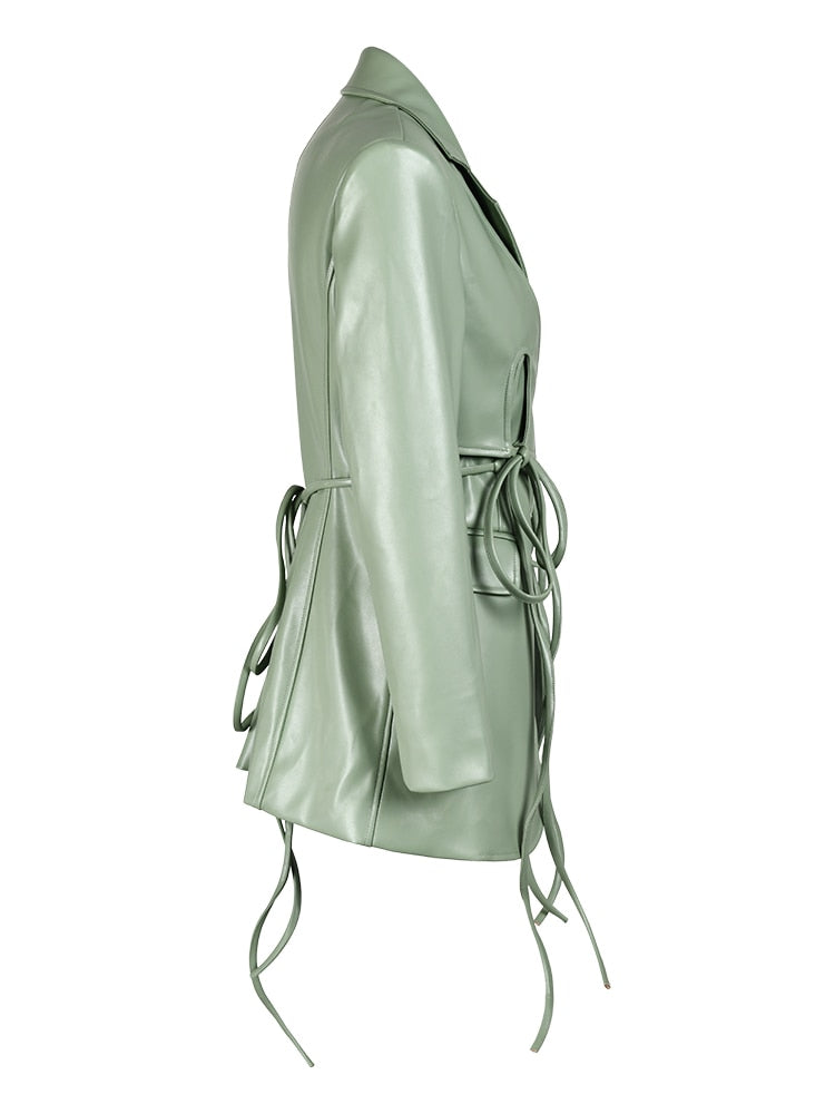 ASHORE SHOP Women's PU Leather Jackets Lapel  Lace Up Waist Long Sleeve Green Blazer-4