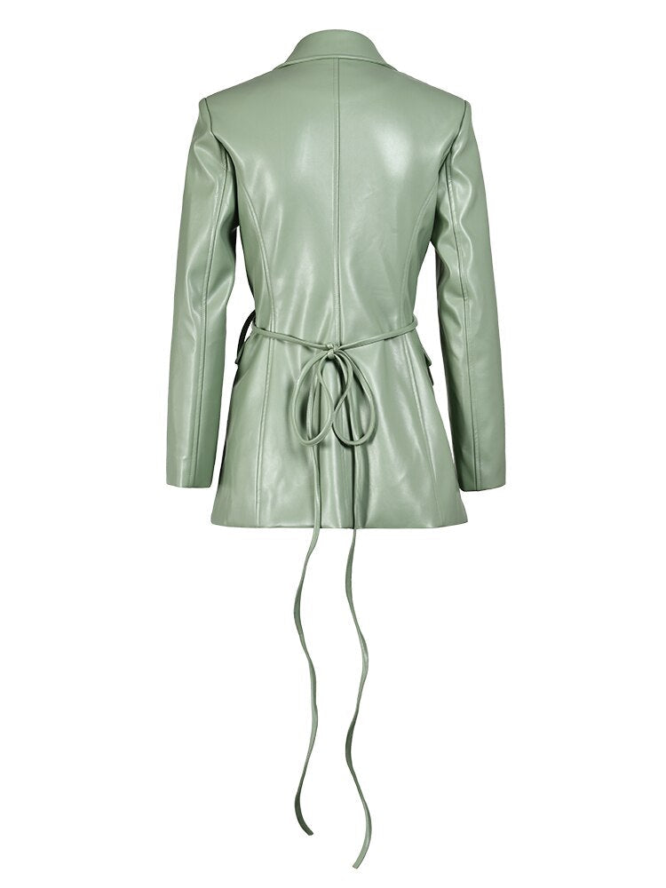 ASHORE SHOP Women's PU Leather Jackets Lapel  Lace Up Waist Long Sleeve Green Blazer-5