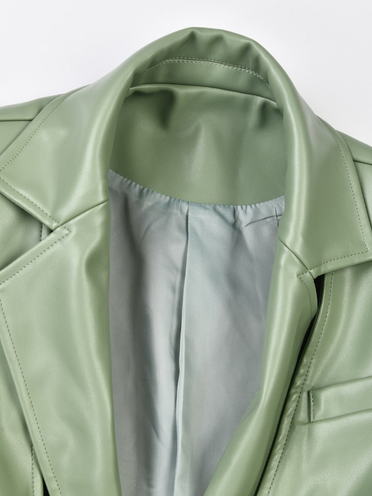 ASHORE SHOP Women's PU Leather Jackets Lapel  Lace Up Waist Long Sleeve Green Blazer-7