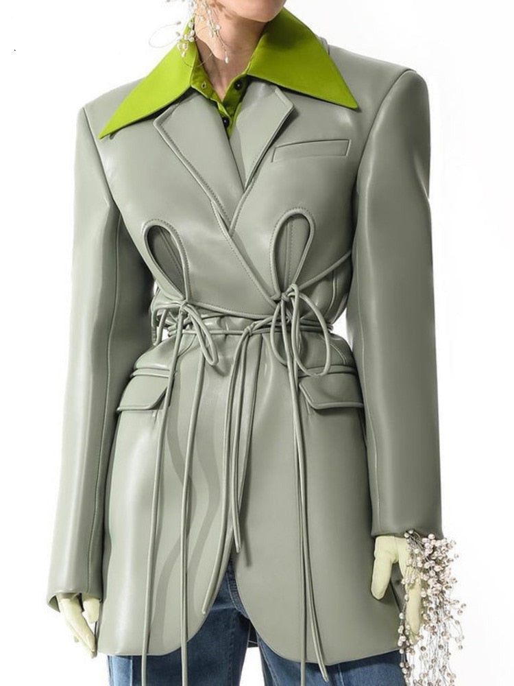 ASHORE SHOP Women's PU Leather Jackets Lapel  Lace Up Waist Long Sleeve Green Blazer