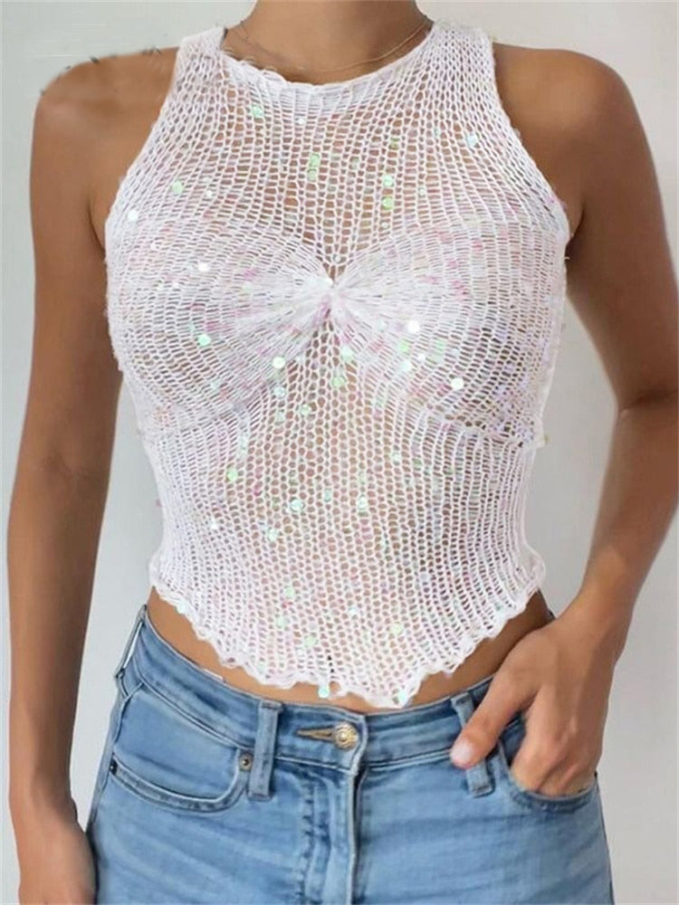 Ashoreshop Knitted Sequins O Neck Sleeveless Crop Top Women Summer Y2K Sexy Casual Hollow Out Tank Top Party Club Outfits Basic Tees