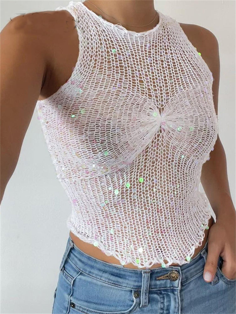 Ashoreshop Knitted Sequins O Neck Sleeveless Crop Top Women Summer Y2K Sexy Casual Hollow Out Tank Top Party Club Outfits Basic Tees