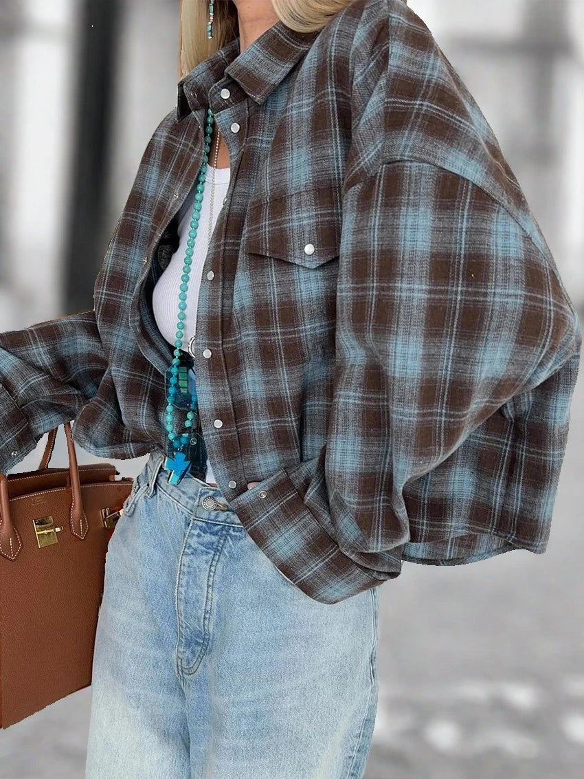 Ashore-shop-Loose Plaid Plais Women's Blouses 2024 Elegant Long Sleeve Office Shirts-1