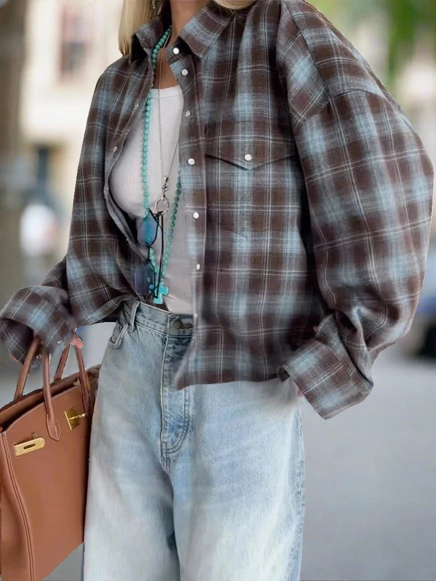 Ashore-shop-Loose Plaid Plais Women's Blouses 2024 Elegant Long Sleeve Office Shirts-2