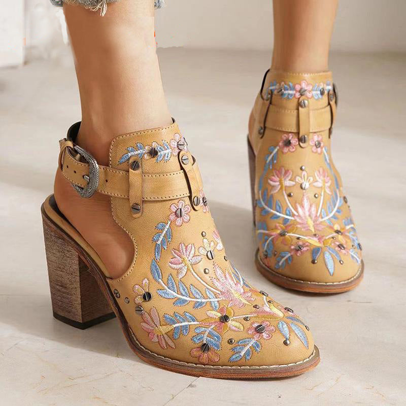 Ashore Shop 2023 New Summer Women Vintage Embroidery Floral Wood Block High Heeled Clog Slingback Sandals Shoes
