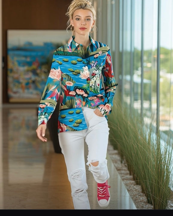 Ashore_Lily_Pond_Painting_Women_Graphic_long_Sleeve_Shirts