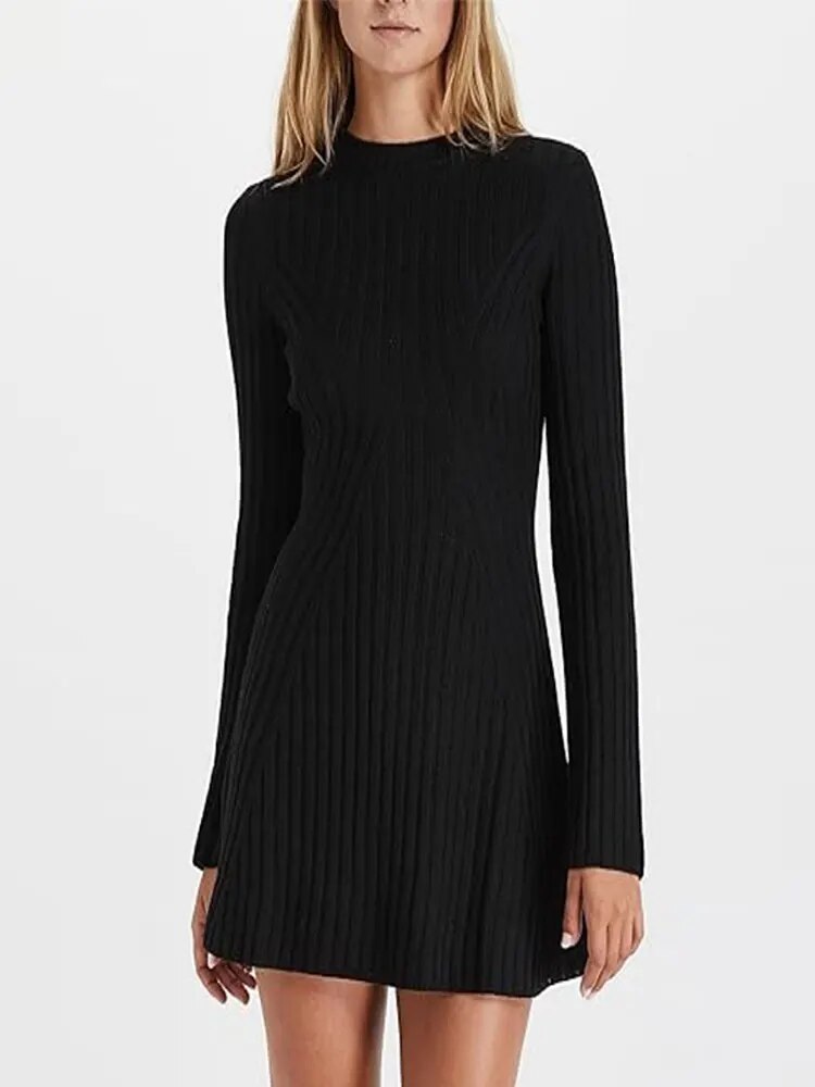 Ashore Shop-Womens-Solid-Ribbed-Knitted-Dress-Fashion-O-Neck-Long-Sleeve-Midi-Dresses-4