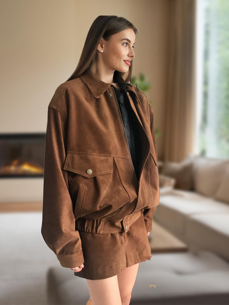 Ashore_Shop_2025_Women_s_Faux_Suede_Two_Piece_Outfit_Sets_Loose_bomber_jackets_and_mini_skirts-brown
