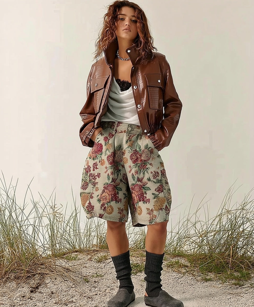 Ashore_Shop_Dark_Burgundy_Crocodile_Texture_Motorcycle_Jackets_and_Flower_Jacquard_Baggy_Shorts-3
