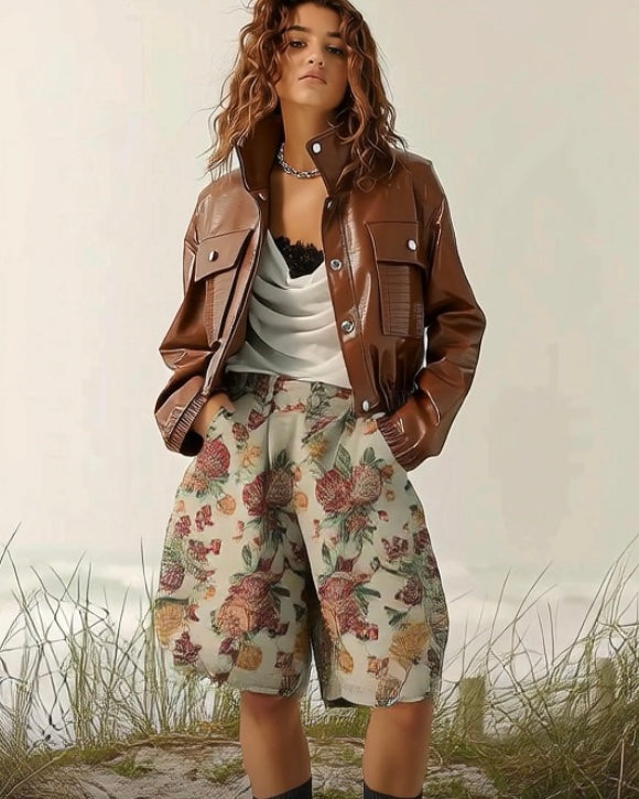 Ashore_Shop_Dark_Burgundy_Crocodile_Texture_Motorcycle_Jackets_and_Flower_Jacquard_Baggy_Shorts-5