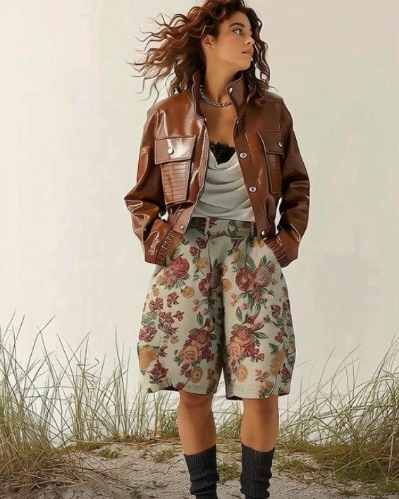 Ashore_Shop_Dark_Burgundy_Crocodile_Texture_Motorcycle_Jackets_and_Flower_Jacquard_Baggy_Shorts