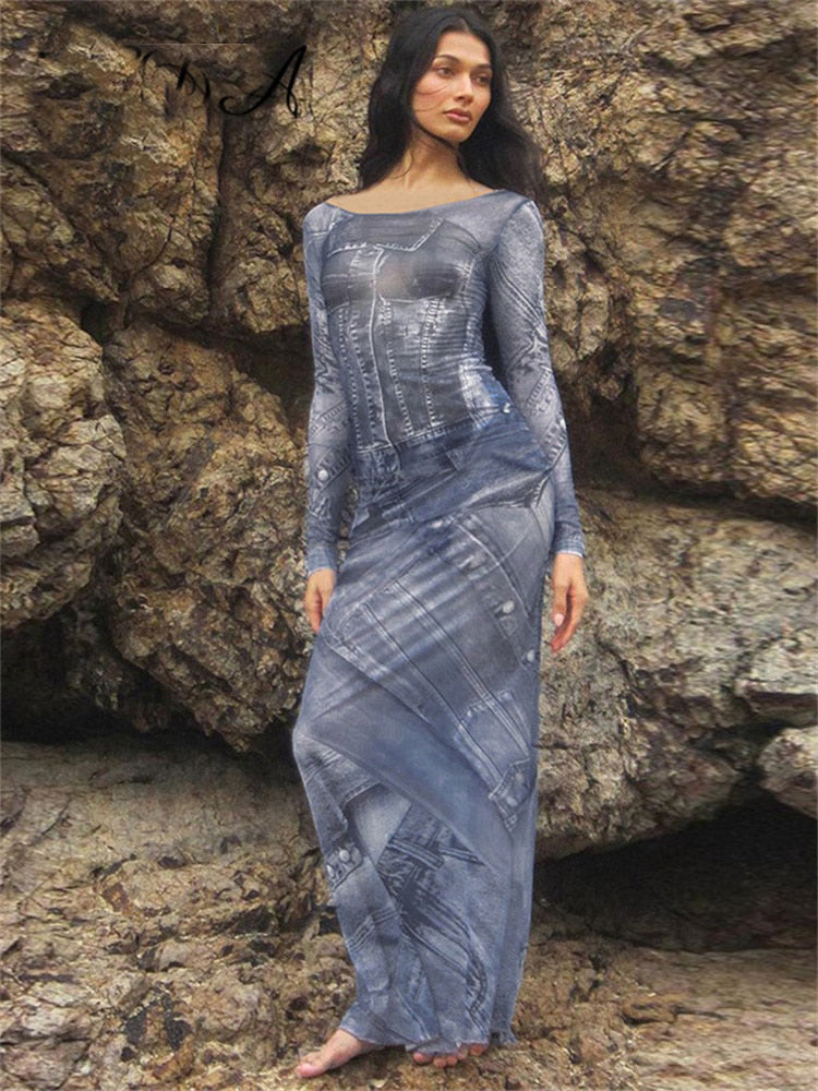 Ashore Shop Denim Print Mesh Maxi Long Sleeve Bodycon Dresses
