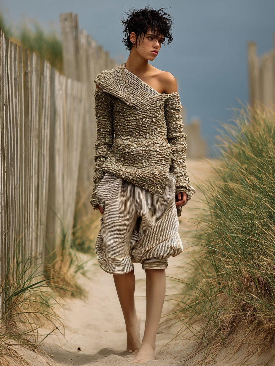 Ashore_coastal_style_richly_textured_off-the-shoulder_knit_top_paired_with_relaxed_voluminous_striped_shorts