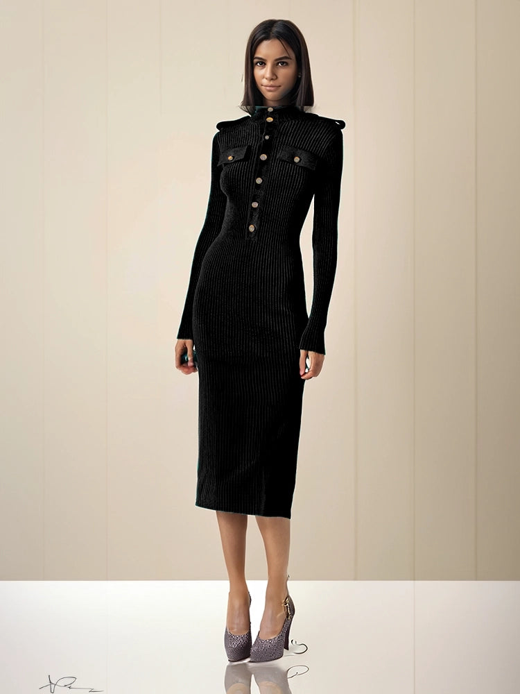 Ashore_shop_Winter_Long_Sleeve_Knitted_Dress_for_Women_with_decorating_buttons-black