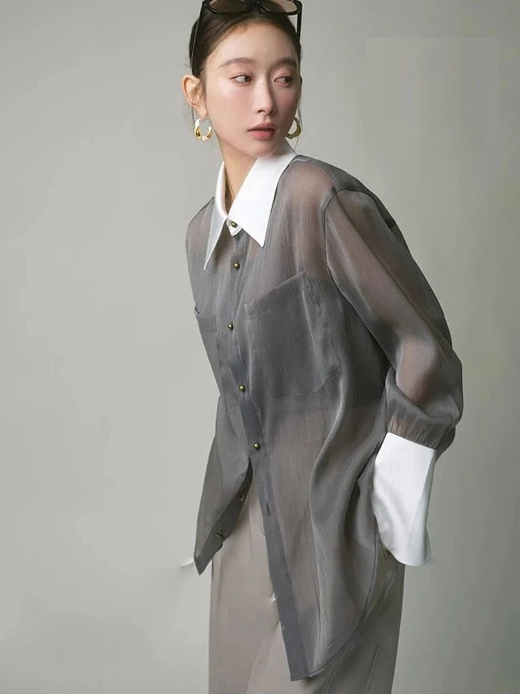 Ashoreshop-2024-Spring-Korea-Style-Long-Sleeve-Sheer-Women-Shirt-Office-Lady-Loose-Button-Up-Contrast-Collar